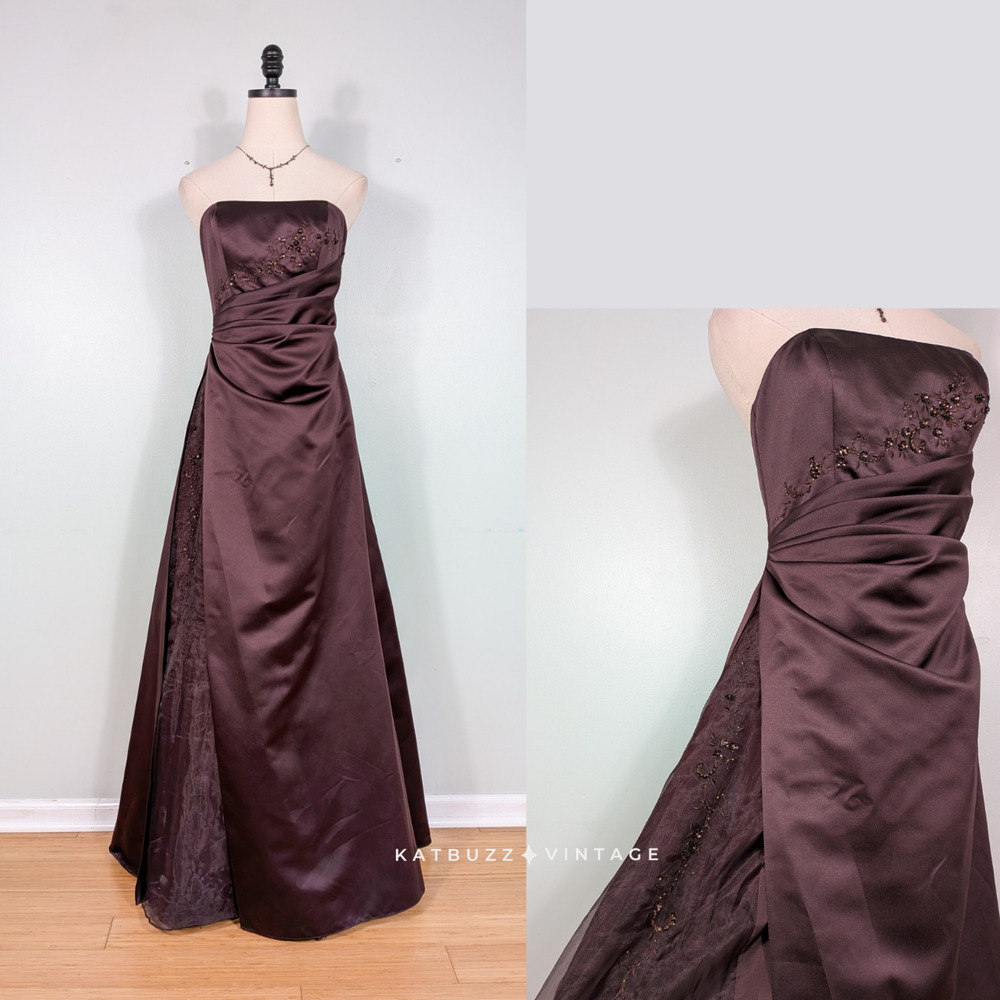 Y2K Prom Dress Maxi Gown 4 Brown Princess Strapless Bead Glam Pleated Formal